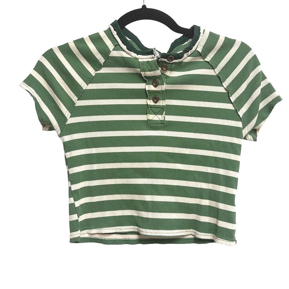 Le Lis Collection Striped Henley Crop Top Green White Ribbed Raglan Small S